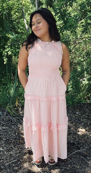 Listicle Maxi Dress in Baby Rose Gingham with Smocked Bodice and Ruffle Tiers, perfect for stylish spring occasions.