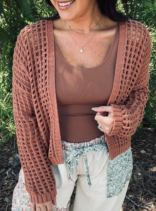 Doe & Rae Crochet Open Weave Cropped Cardigan in white, featuring a stylish open-knit design, available in two colors.