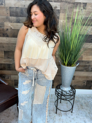 POL Coconut Cream Crochet Detail Button Back Top
