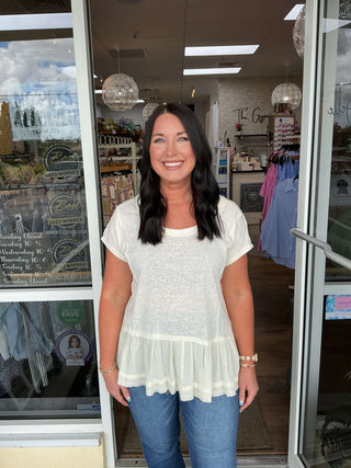 Soft Washed Ruffle Hem Wide Neck Top in Ivory; available in two colors; stylish, comfortable, and perfect for any occasion.