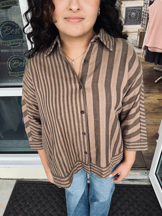 Umgee Vertical Mix Stripe Button Down Shacket Top (2 COLORS)