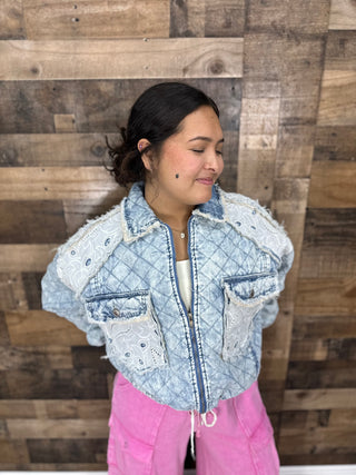 POL Relaxed Fit Denim Jacket w/ Quilting & Lace Accents (2 COLORS)