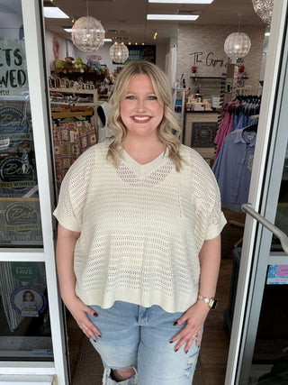Ivory Cuff Sleeve Side Slit Crochet Top with Elegant Floral Detailing Perfect for Chic Summer Outfits
