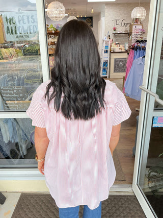 Striped Button Down Flutter Sleeve Top in Blue, with Multiple Color Options Available