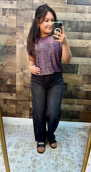 Sew In Love Wine & Silver Round Neck Short Sleeve Sparkle Top