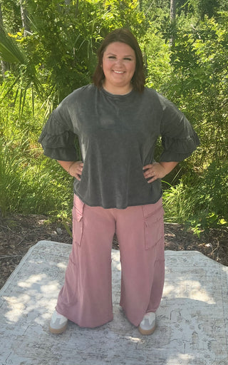 Light gray wide leg cargo pants made from soft French terry fabric