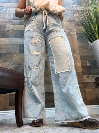 POL Vintage Denim Patchwork Raw Edge Pants