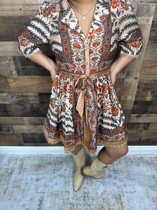 Entro Charcoal & Rust Botanical Print Short Dress