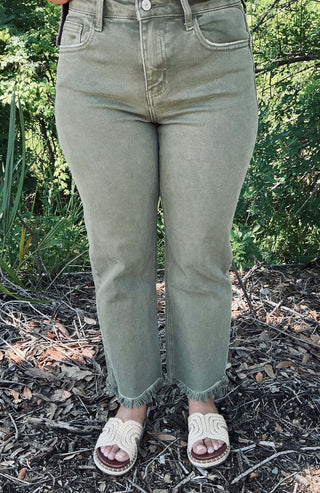 Lovervet V3498 deep lichen green non-distressed straight-leg jeans, perfect fit, stylish look; Final Sale item.