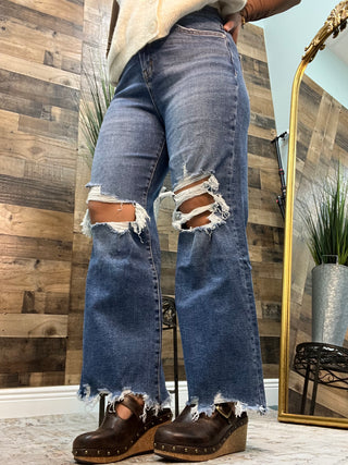 MICA F3048M Jeans 90s Vintage Crop Flare Dark Wash Distressed