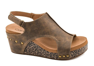 Alt text: "Corkys Carley Espresso Combo Leopard Wedge Sandal - Stylish leopard print with comfortable wedge heel design.