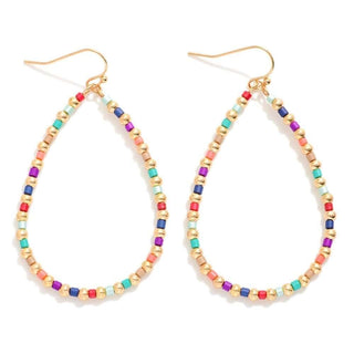 Multi & gold beaded teardrop earrings on white background, showcasing colorful beads and elegant teardrop design.