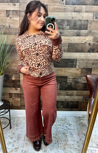 Listicle Mocha Leopard Button Up Jacket Top