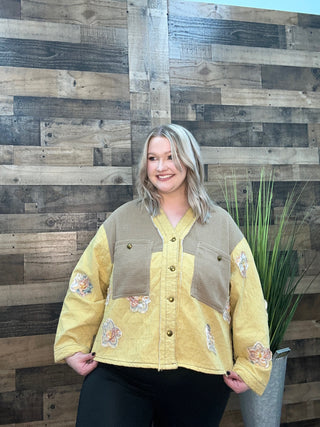 POL Oversized Honey & Taupe Quilted V Neck Jacket Top