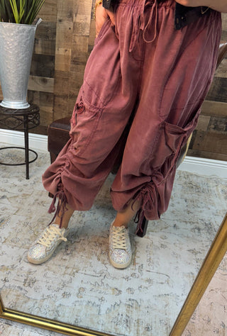 Red Bean Cargo Elastic Waist Jogger Parachute Pants