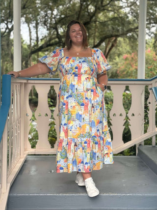 Blue & Yellow Grecian Smocked Bodice Maxi Dress by Davi & Dani – Elegant Summer Fashion