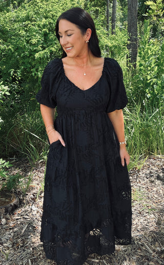 Polagram Black Textured Tiered Puff Sleeve Midi Dress