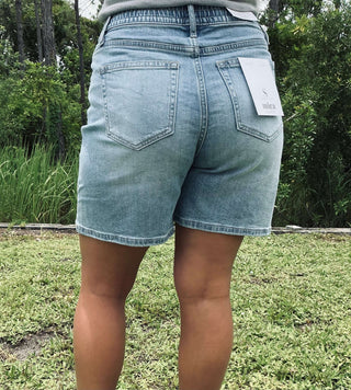 Stylish MICA SB3570 high-waist relaxed fit denim shorts in medium wash with elastic waistband for ultimate comfort.