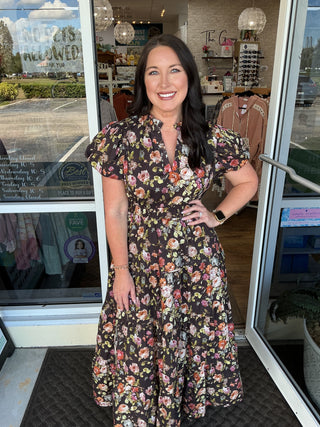 Entro Dk Brown Floral Tiered Midi Dress