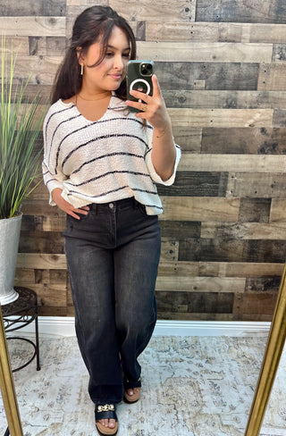 Sew In Love Cream & Black Stripe Short Sleeve Oversized Sweater Top