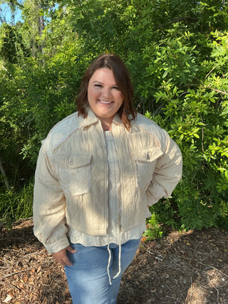 POL Relaxed Fit Denim Jacket w/ Quilting & Lace Accents (2 COLORS)