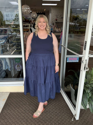 Navy blue knit tank with poplin skirt midi dress by Skies Are Blue, perfect for chic summer wear. Shop stylish elegance now.