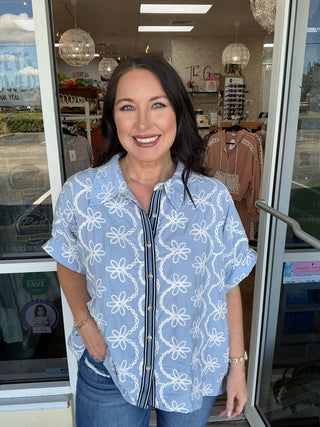 Sew In Love Embroidered Blue Button Top w/ Contrast Placket