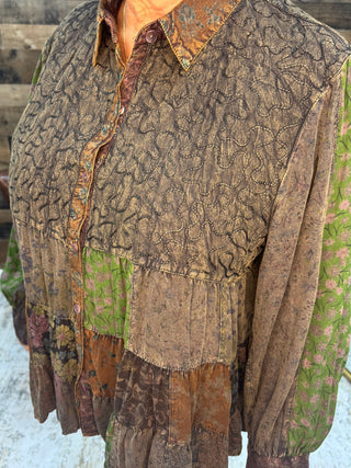 Vintage Boho Embroidered & Patchwork Tiered Top w/ Green Patchwork