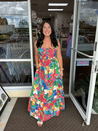 Vibrant Red Tropical Print Tiered Maxi Dress by Skies Are Blue - Perfect for Summer Elegance and Breezy Style
