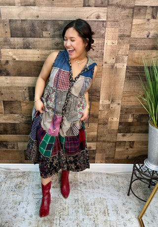 Boho Patchwork Sleeveless Hoodie Duster Dress