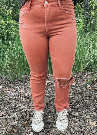 Vervet V3497 Copper High Rise Crop Slim Straight Jeans showcasing front view on a model against a white background.