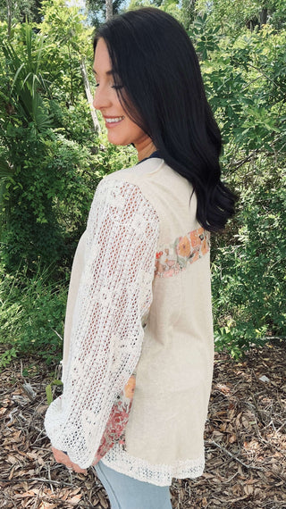 POL Coconut Crochet Sleeve Jersey Top with Navy Detail - Stylish and Comfortable Women's Fashion Apparel