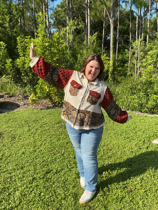 POL Vintage Shacket Top Deep Brick & Oatmeal w/ Pearl Accents