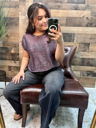 Sew In Love Wine & Silver Round Neck Short Sleeve Sparkle Top