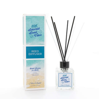 AMI Emerald Coast Mixologie Reed Diffuser with sleek glass bottle, bamboo reeds, and box, perfect for home fragrance.