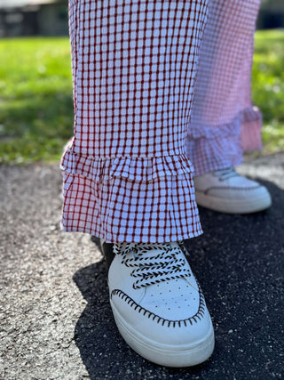 Oddi red & white check bow top and ruffle crop pants set, perfect for stylish and playful summer fashion.