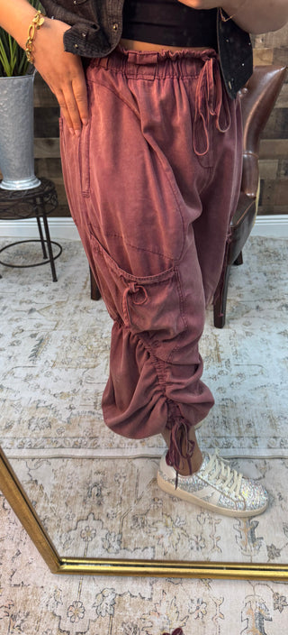 Red Bean Cargo Elastic Waist Jogger Parachute Pants