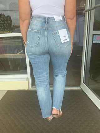 MICA T3536A high rise raw hem straight leg jeans in medium wash, featuring a loose fit design on a minimalist background.