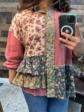 POL Raspberry Floral Ruffle Button Front Long Slv Top