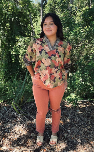 Entro Brown Floral Print Top with Embroidered V Neck Band & Sleeves - Perfect Boho Chic Style for Any Occasion.