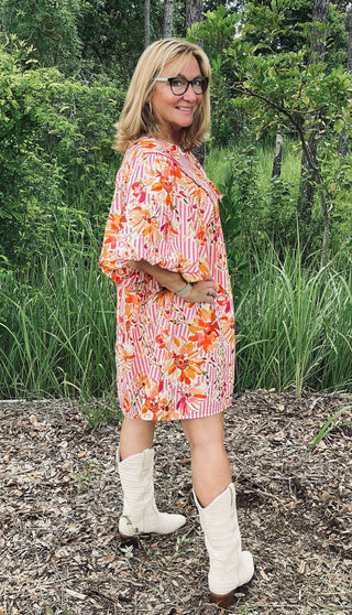 Pink and white printed striped babydoll dress with puff sleeves and relaxed fit, floral motif and tiered hem Oddi dress.