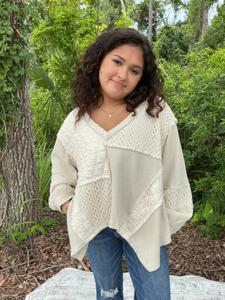 POL Vintage Oatmeal Patchwork Long Slv V Neck Top