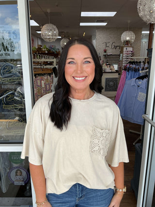Stylish Crochet Pocket Mineral Washed Top in 3 Colors by Easel - Perfect for a Chic Casual Look