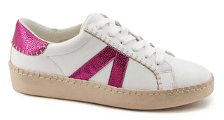 White & pink Corkys Friend Zone sneakers with white laces and a stylish mixed-material design, perfect for casual wear.