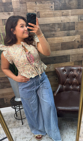 So Me Floral Print Ruffled Quilted Vest Top