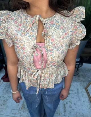 So Me Floral Print Ruffled Quilted Vest Top