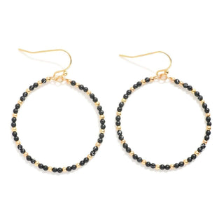 Elegant black mini stone beaded drop hoop earrings, perfect for adding a touch of sophistication to any outfit.