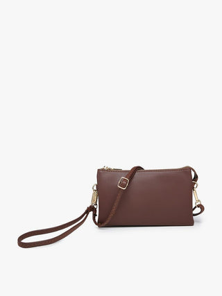 DARK CHOCOLATE Crossbody Faux Leather Organizer Purse with gold accents and adjustable strap on white background.