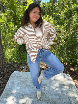 Light blue textured stripe long sleeve button-down shirt with a relaxed fit and classic collar