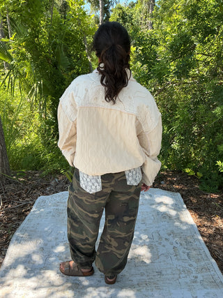 POL Relaxed Fit Denim Jacket w/ Quilting & Lace Accents (2 COLORS)